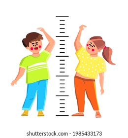 Kids Measuring Height With Measure Scale Vector. Smiling Boy And Girl Children Measuring Growth With Measurement Ruler. Characters Brother And Sister Or Friends Flat Cartoon Illustration