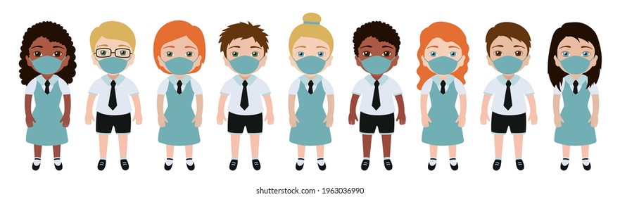 Kids in medical mask. Social distancing. Vector boy and girl. Protect virus. Cartoon characters isolated on white background. People collection