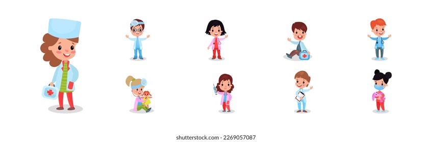 Kids in Medical Uniform Playing Doctors and Nurses with Toys Vector Set