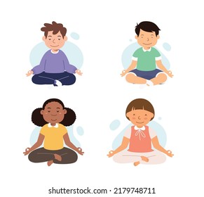 kids meditation. boys and girl sitting  in lotus pose  