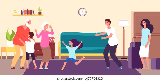 Kids meet grandparents. Grandson and granddaughter hug grandma and grandpa. Grandchildren with grandfather and grandmother happy family vector concept