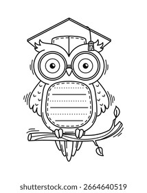 Kids memo note frame with funny cute whimsical owl sitting on a branch, wearing glasses and a graduation cap. Vector bird belly features lined space for writing, educational activities, stationery