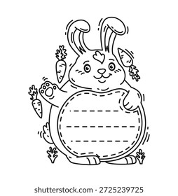 Kids Memo Notizrahmen mit lustigen Hasen und Karotten für Message Note Aufkleber, Vektorlabel. Cartoon niedlichen Tier Kaninchen oder Hase für Klebstoff Aufkleber Post oder Notebook-Etikett für Kinder Memo Note