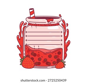 Kids Memo Notizrahmen mit rotem Erdbeer Smoothie für Aufkleber, Cartoon Vektor Etikett. Kinder Memo Notiz oder Nachricht Aufkleber von Notizblock Klebepapier mit Erdbeermarmelade in Glas für Memo-Hinweis