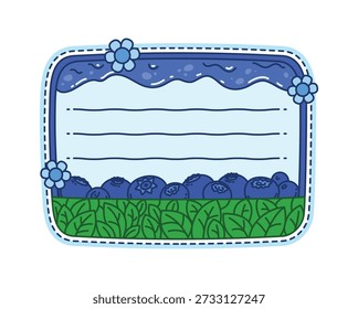 Moldura de nota de memorando infantil com bagas de mirtilo maduras para adesivo de mensagem, vetor de desenhos animados. Blueberry jam splash e flores para crianças memorando ou post adesivo, memorando de agenda diária e etiqueta de planejador de tarefas