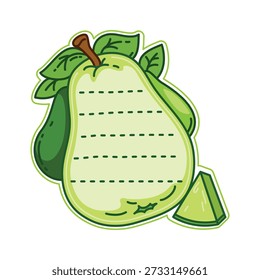 Kids memo note frame de fruta de pera madura para adesivo de mensagem, rótulo de vetor de desenhos animados. Modelo de nota de memorando de crianças da folha de papel do post da mensagem com quadro da linha da cor do fruto da pera dos desenhos animados para a nota da mensagem