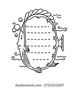 Kids Memo Note Frames mit Cartoon Fisch mit oval gefütterten Memo-Bereich, Flossen auf der Seite, Schwanzflosse, dekorierte oberste Waage, Blasen auf der linken Seite. Vektor Seegrenze für Schule und Kindergarten