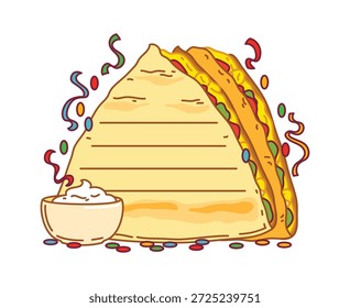 Etiqueta engomada del papel de la nota de los niños con el marco mexicano de los tacos, planificador diario del Vector. Nota para niños del sándwich de taco mexicano o comida de México para la lista diaria de Planes o la hoja de la página del mensaje y la etiqueta adhesiva de la nota