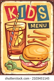 Kids menu advertisement with bacon sandwich, healthy boiled broccoli, french fries and orange juice. Restaurant sign with tasty meal and colorful typography. Vector image.