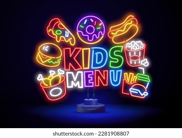 Kids menu advertisement with bacon sandwich, healthy boiled broccoli, french fries and orange juice. Restaurant sign with tasty meal and colorful typography. Vector image.