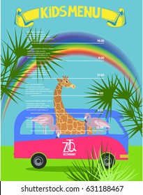 Kids menu background  with rainbow, palm leaves, bus and african animals inside. Vector illustration