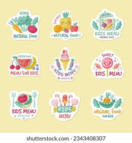 Kids menu. Badges with place for text restaurant childrens menu recent vector logo collections