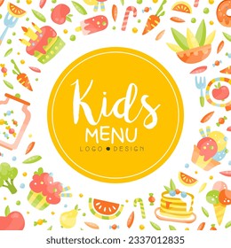 Kids menu banner. Childish food poster, card, invitation, flyer, cover, placard, brochure cartoon vector