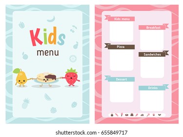 Kids menu card with cartoon food and. Cute colorful kids meal restaurant menu vector template.