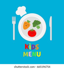 Kids Menu card. Fork, plate, knife and chefs hat icon. Carrot, broccoli, tomato vegetable face. Cute cartoon smiling character Healthy food Flat design. Isolated. Blue background. Vector .