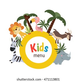 Kids menu card with plate and different african animals. White background.