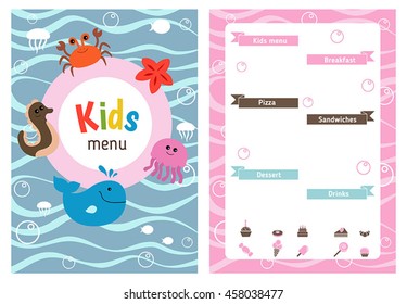 Kids menu card with sea creatures. Cute colorful kids meal restaurant menu vector template.