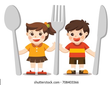 Kids Menu. Children with knife, spoon and fork.