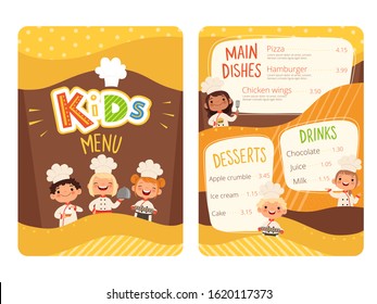 Kids menu. Childrens cooking food little chef restaurant eating menu for little happy peoples vector cartoon template