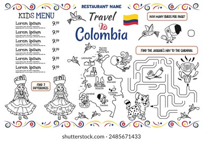 Kids menu for a Colombian restaurant with a map of Colombia and interesting tasks for children. 17x11 inch printable vector file