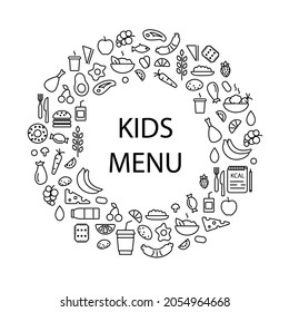 Kids Menu Concept Circle Layout With Outline Icons And Headline. School Meal. Customizable Linear Contour Symbols. Editable Stroke. Isolated Vector Stock Illustration