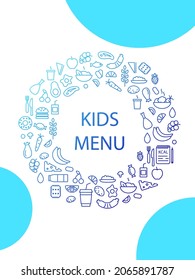 Kids menu concept circle layout with outline icons and headline. Blue color flyer. School meal. Gradient linear contour symbols. Isolated vector stock illustration