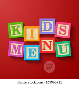 Kids Menu cover - wooden blocks. Vector.