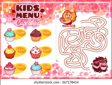 Kids Menu for cupcakes with maze game. Different sweet muffins. Template menu A4 size horizontal orientation.