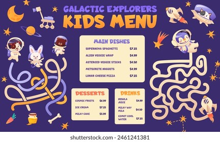 Kids menu with cute character animal in spacesuit, planets and rocket. Children menu meal design template and labyrinth. Cosmos background for children board game