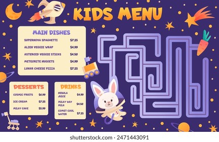 Kids menu with cute character animal in spacesuit, planets and rocket. Children menu meal design template and labyrinth. Cosmos background for children board game