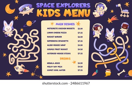 Kids menu with cute character animal in spacesuit, planets and rocket. Children menu meal design template and labyrinth. Cosmos background for children board game