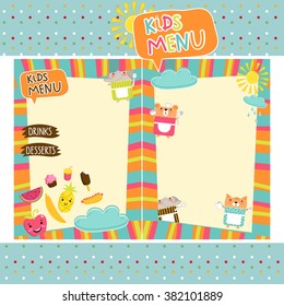 Kids menu. Cute colorful cover template with funny animal character and kawai food mascot decoration. Blank kids meal menu for drink and dessert list assortment vector design illustration
