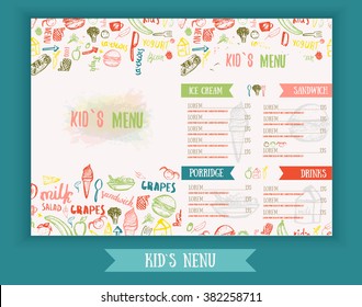 Kids menu Cute colorful hand drawn vector template. Creative menu banner.