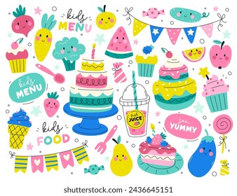 Kids menu design elements set with kawaii food mascot, cute vegetables, fruits, sweets and desserts. drinks shake smoothies vector illustration. Delicious doodle children dishes and treats for party