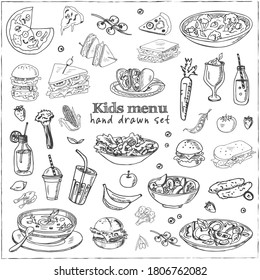 Kids menu doodle icons Vector illustration on chalkboard