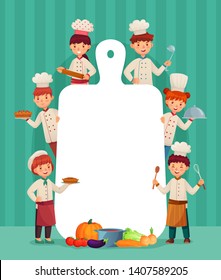 Kids menu frame. Children chefs cook with cutting board, restaurant chef and chopping food cartoon vector illustration