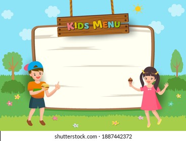 Kids Menu frame design with boy and girl on nature background.