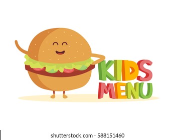 Kids Menu funny 3d sign with burger character 