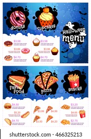 Kids menu for Halloween. Vector template tri-fold menu in dark tones.