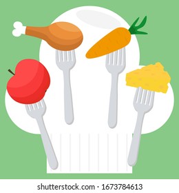 Kids menu icon. Carrot, cheese, chicken, apple on the fork