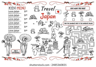 Menú para niños para un restaurante japonés con un mapa de Japón y tareas interesantes para los niños. Archivo de Vector imprimible de 17x11 pulgadas