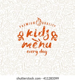 Kids menu label and fast food seamless pattern in brush drawing style