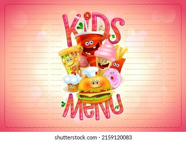 Diseño de lista de menús infantiles con hot dog, hamburguesa, patatas fritas, pizza, donut, helado, muffin y refresco como personajes de dibujos animados, copia espacio para texto