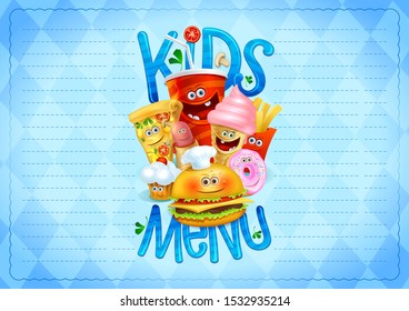 Kids Menu List Vector Esign Concept With Hot Dog, Burger, French Fries, Pizza, Donut, Ice Cream, Muffin And Drink As A Cartoon Personages, Empty Space For Text