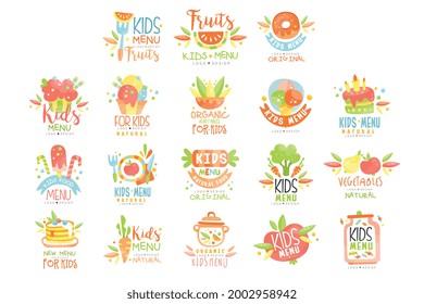 Kids Menu Logo Design Templates Set, Organic Natural Food Labels Hand Drawn Vector Illustration