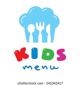 Kids Menu Logo With Illustration Of Funny Children Spoon, Fork And Knife, In The Shape Of Chefs Hat