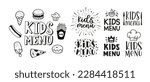 Kids menu. Logo set for banner, flyer, poster design. Meal menu vector template. Kids food concept. Cute black and white illustration. Children nutrition logo symbol. Funny label kids food menu.