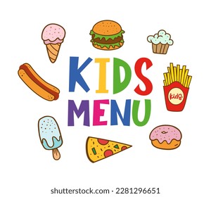 Kids menu. Logo set for banner, flyer, poster design. Meal menu vector template. Kids food concept. Cute colorful illustration. Children nutrition logo symbol. Funny label kids food menu.