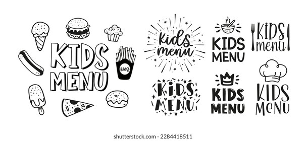 Menú infantil. Conjunto de logotipos para banner, volante, diseño de afiches. Plantilla vectorial del menú de la comida. El concepto de comida infantil. Ilustración blanca y negra. Símbolo del logotipo de nutrición infantil. Divertido menú de comida para niños.