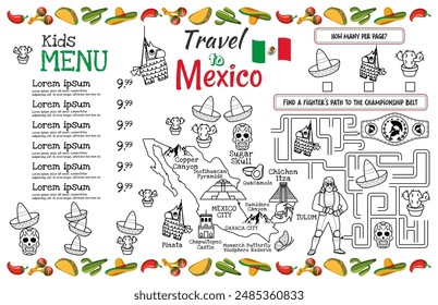 Kids menu for a Mexican restaurant with a map of Mexico and interesting tasks for children. 17x11 inch printable vector file